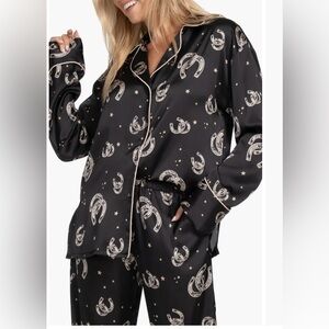 Western Black Satin Pajama Set with Horseshoe Pattern